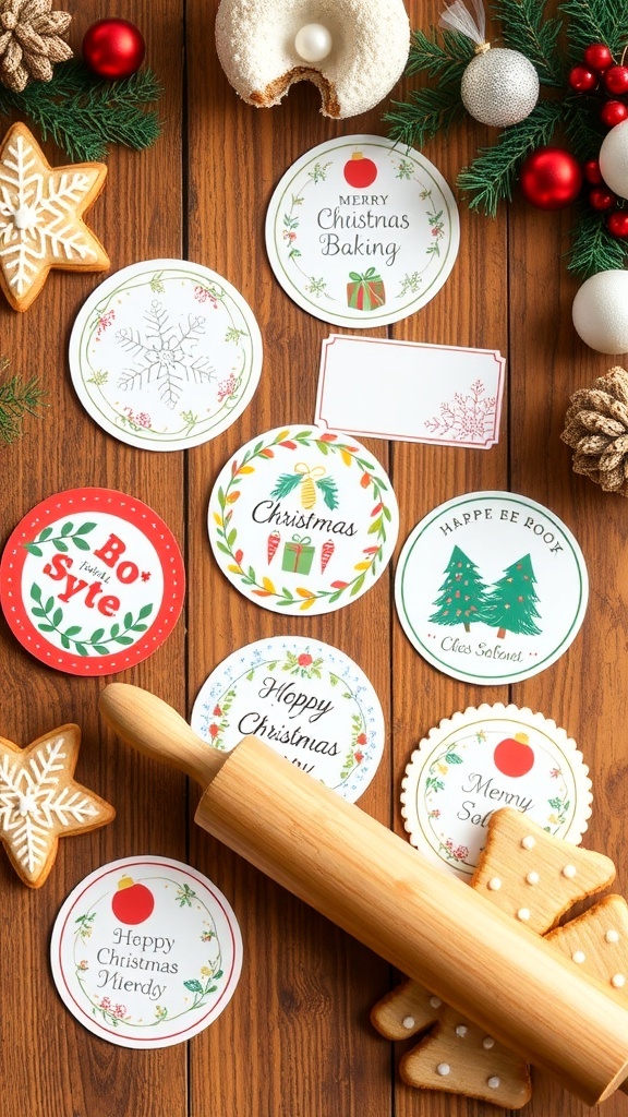 Colorful Christmas baking labels with festive designs on a wooden table with baked cookies and holiday decorations.